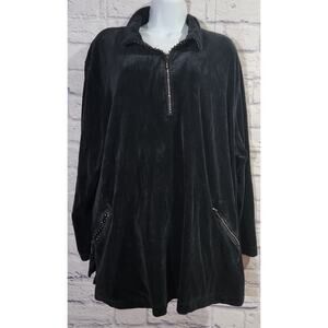Sport Savvy Black Velour Rhinestone Full Zipper Jacket 3X Plus Pockets Soft